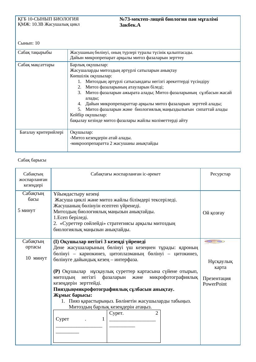 1 сабақ 10 сынып Жасушаның бөлінуі