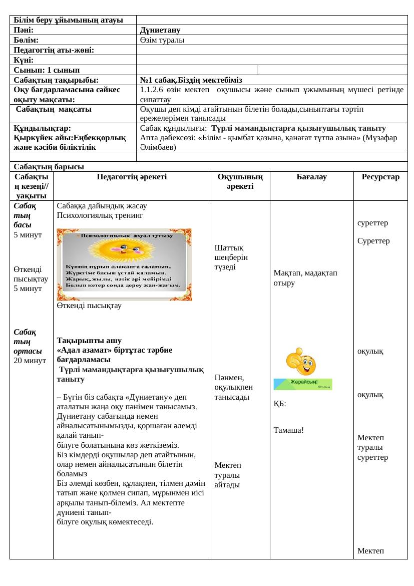 1сынып Дүниетану 1 4 сабақтар Ләззат
