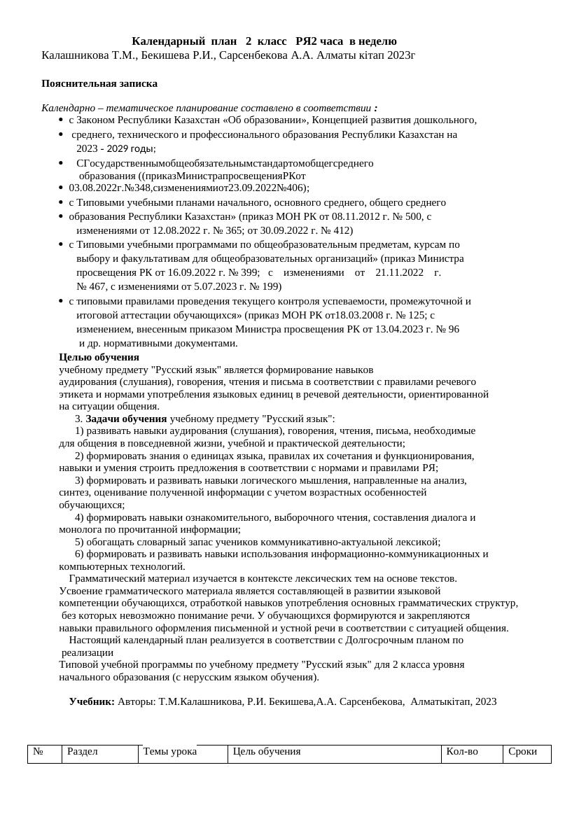 ```html
Календарный план по русскому языку для 2 класса: 2 часа в неделю (2
