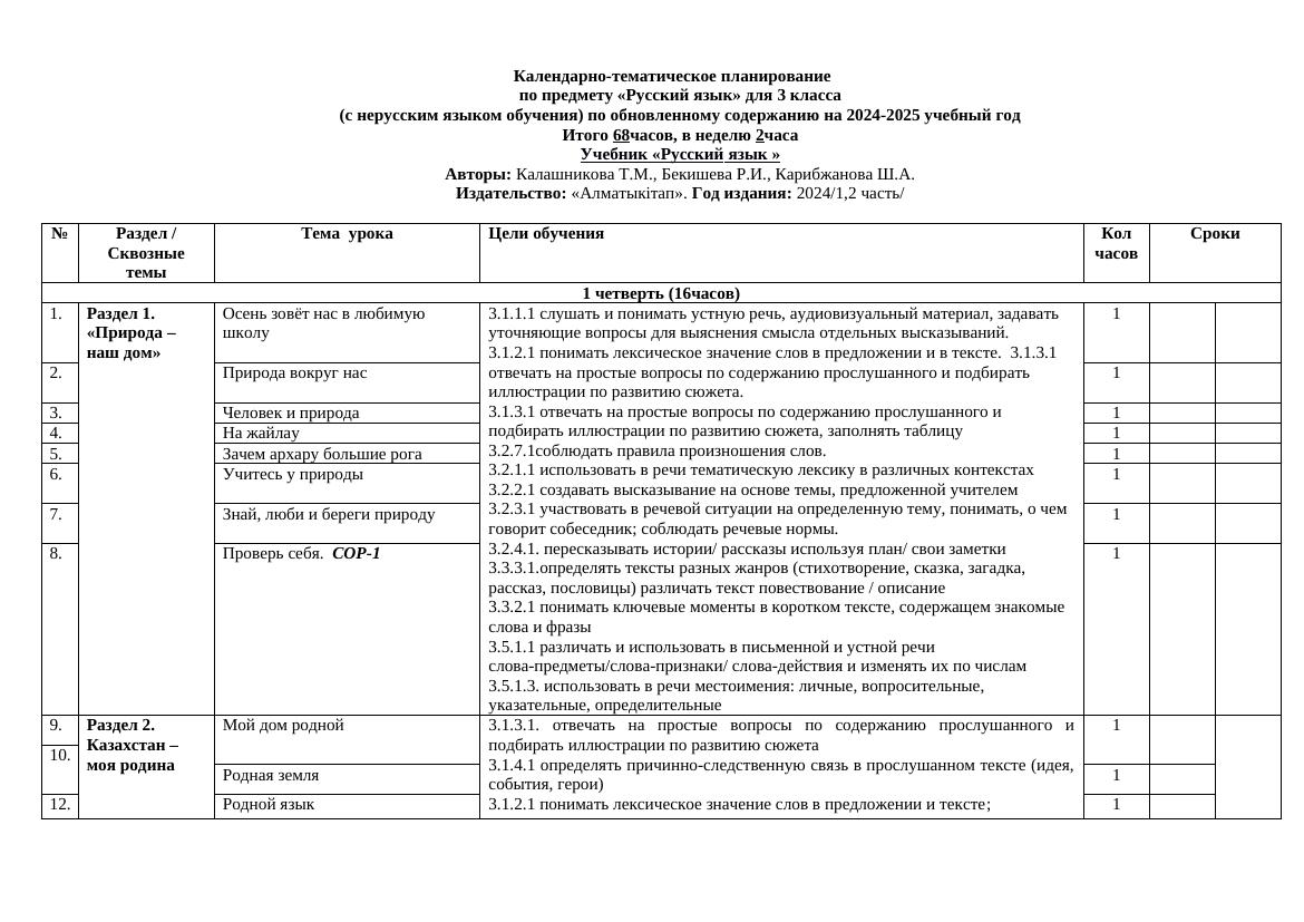 3 А класс КТП (2024-2025 уч.год) 68 ч