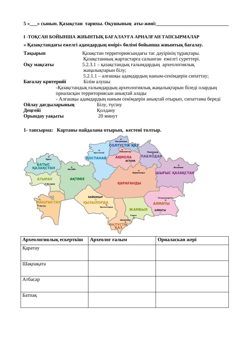 5 Қ Тарих 1 тоқсан БЖБ Қазақстандағы ежелгі адамдардың өмірі 1