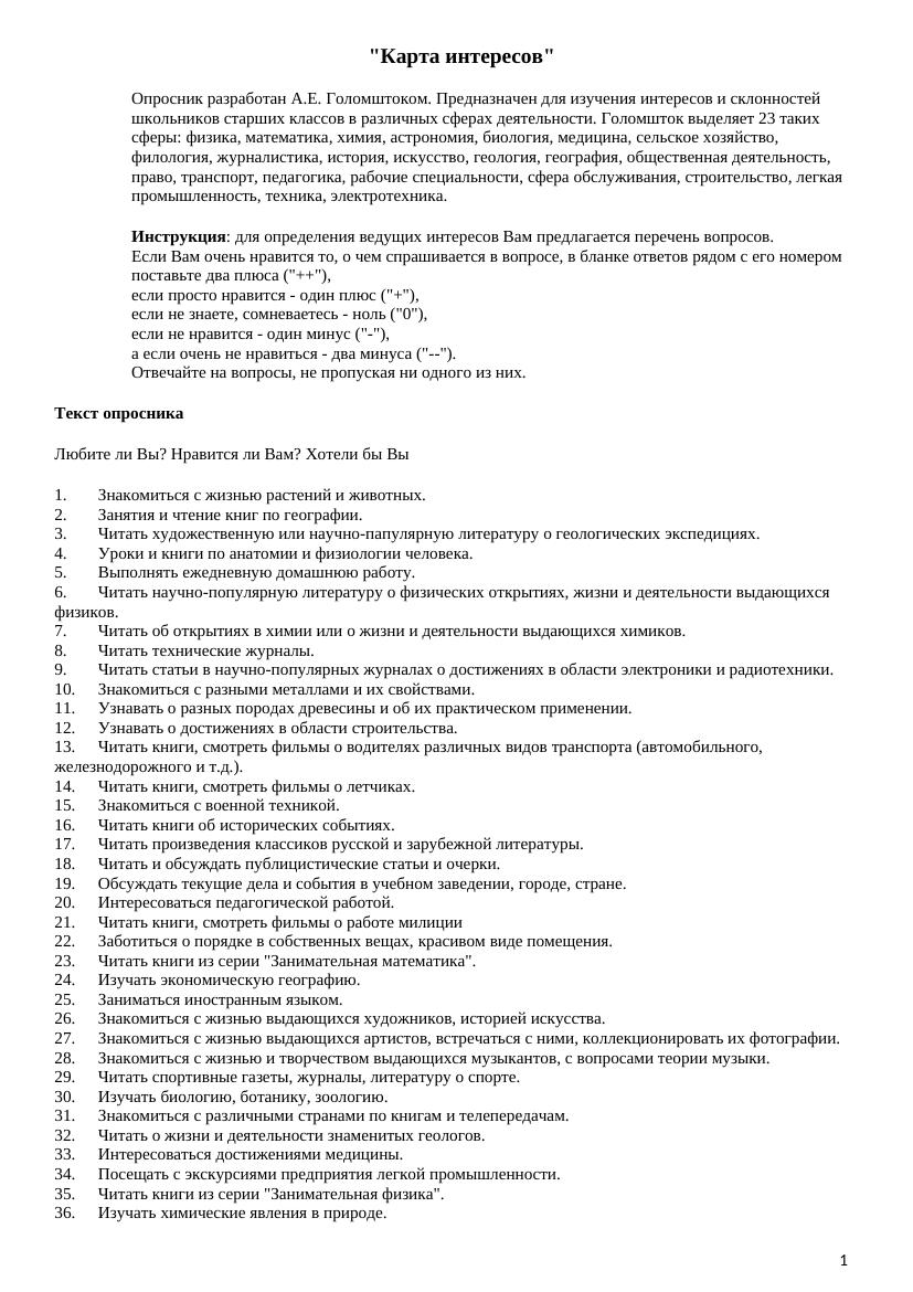 Карта интересов