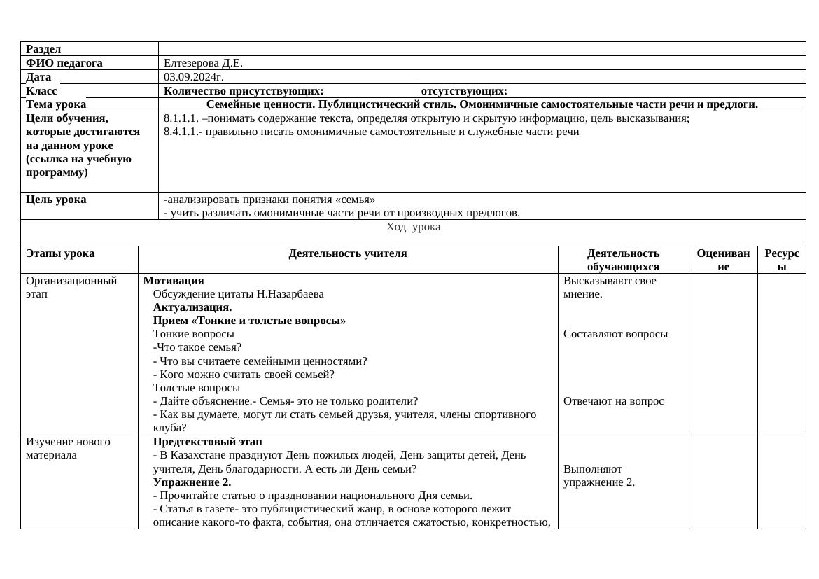 КСП 8 класс русский язык