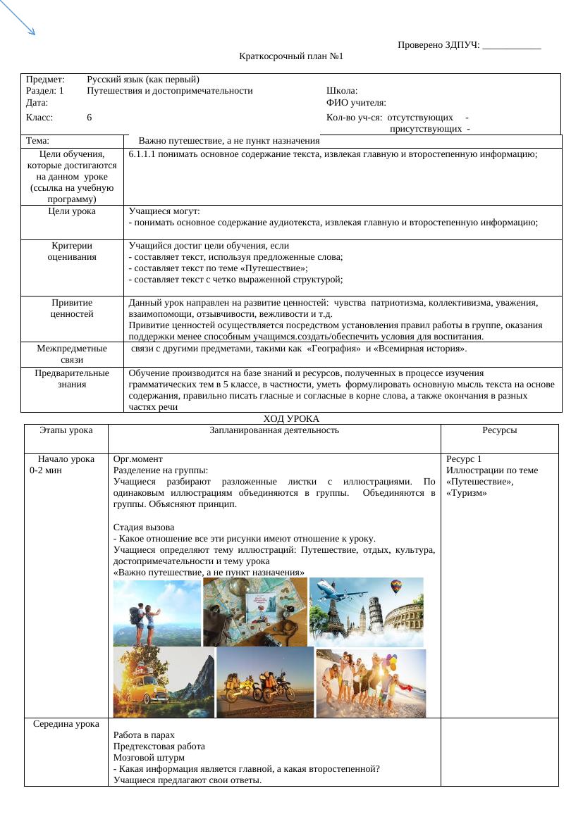 КСП по русскому языку для 6 класса: путешествия и достопримечательности