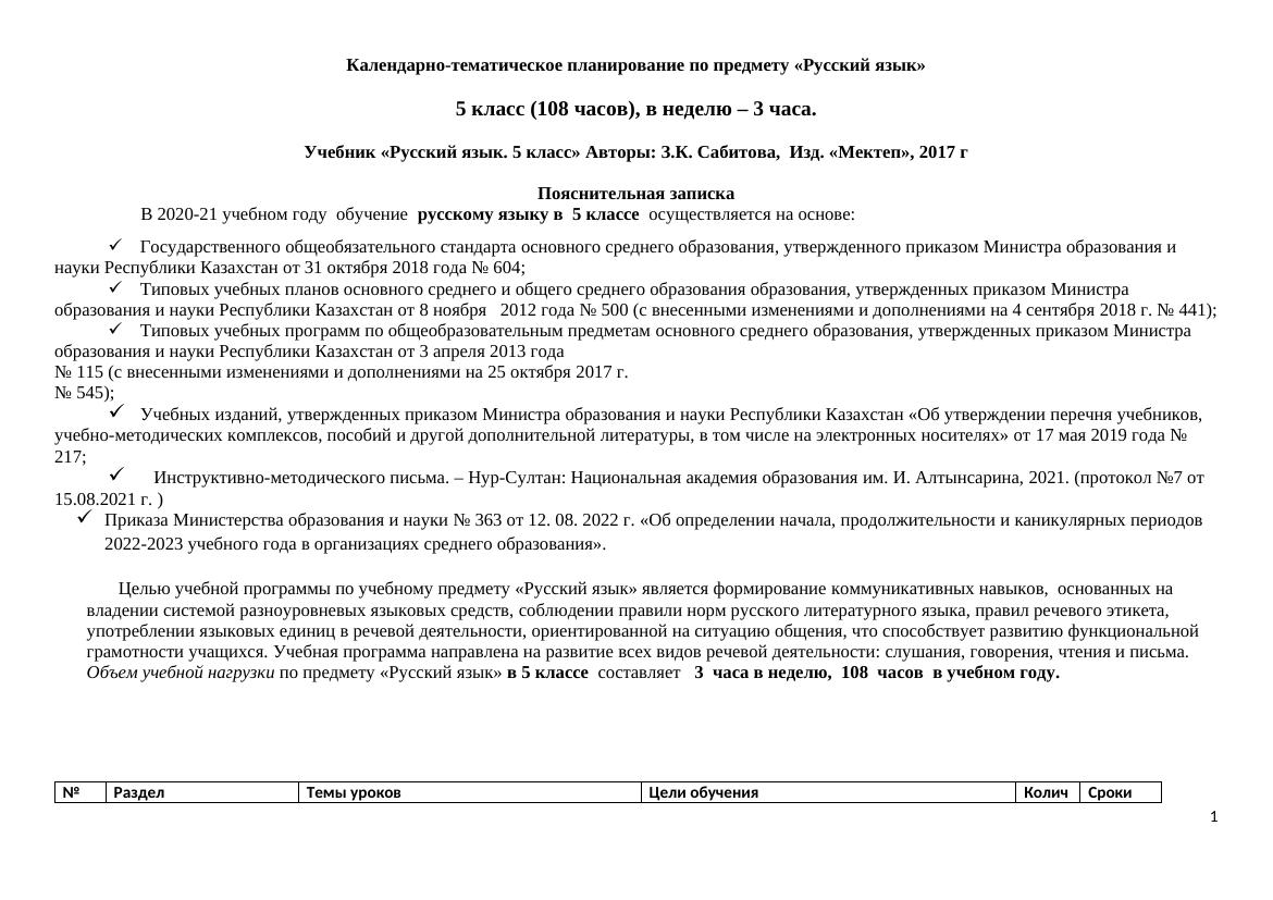 Календарно-тематическое планирование по русскому языку: 5 класс на 2023 год